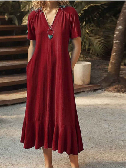 V-Neck Short Sleeve Dress with Pockets