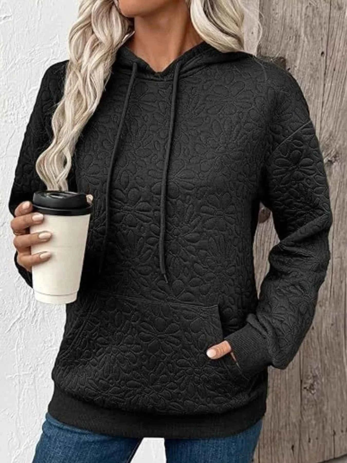 Textured Floral Quilted Hoodie