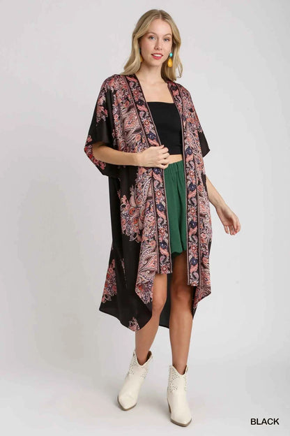 Umgee Satin Border Print Short Sleeve Open Front Kimono