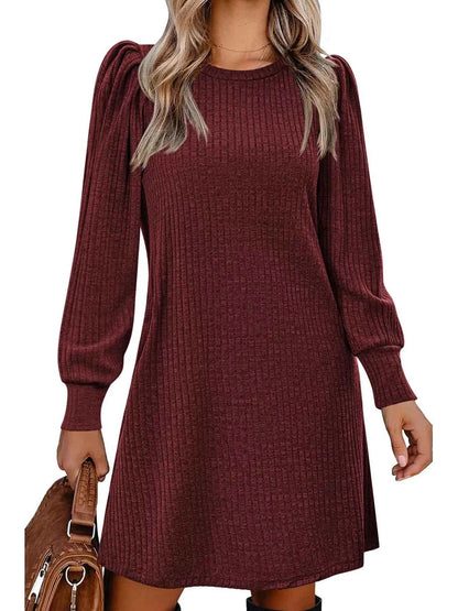 Ribbed Knit Puff Sleeve Casual Mini Dress