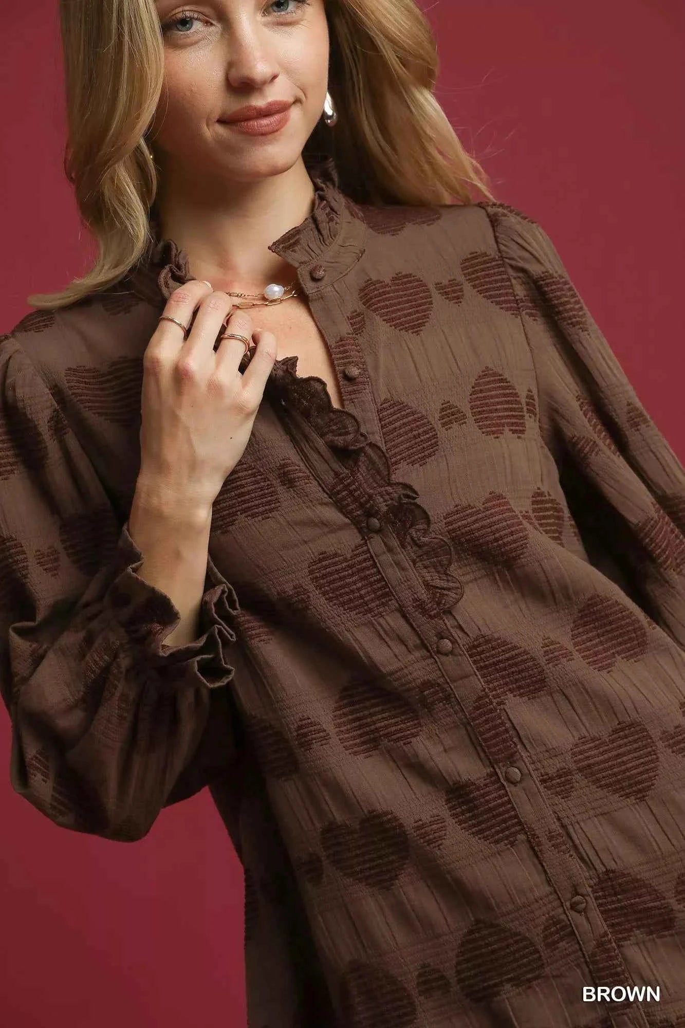 Umgee Heart Jacquard Ruffle Trim Shirt