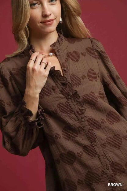 Umgee Heart Jacquard Ruffle Trim Shirt