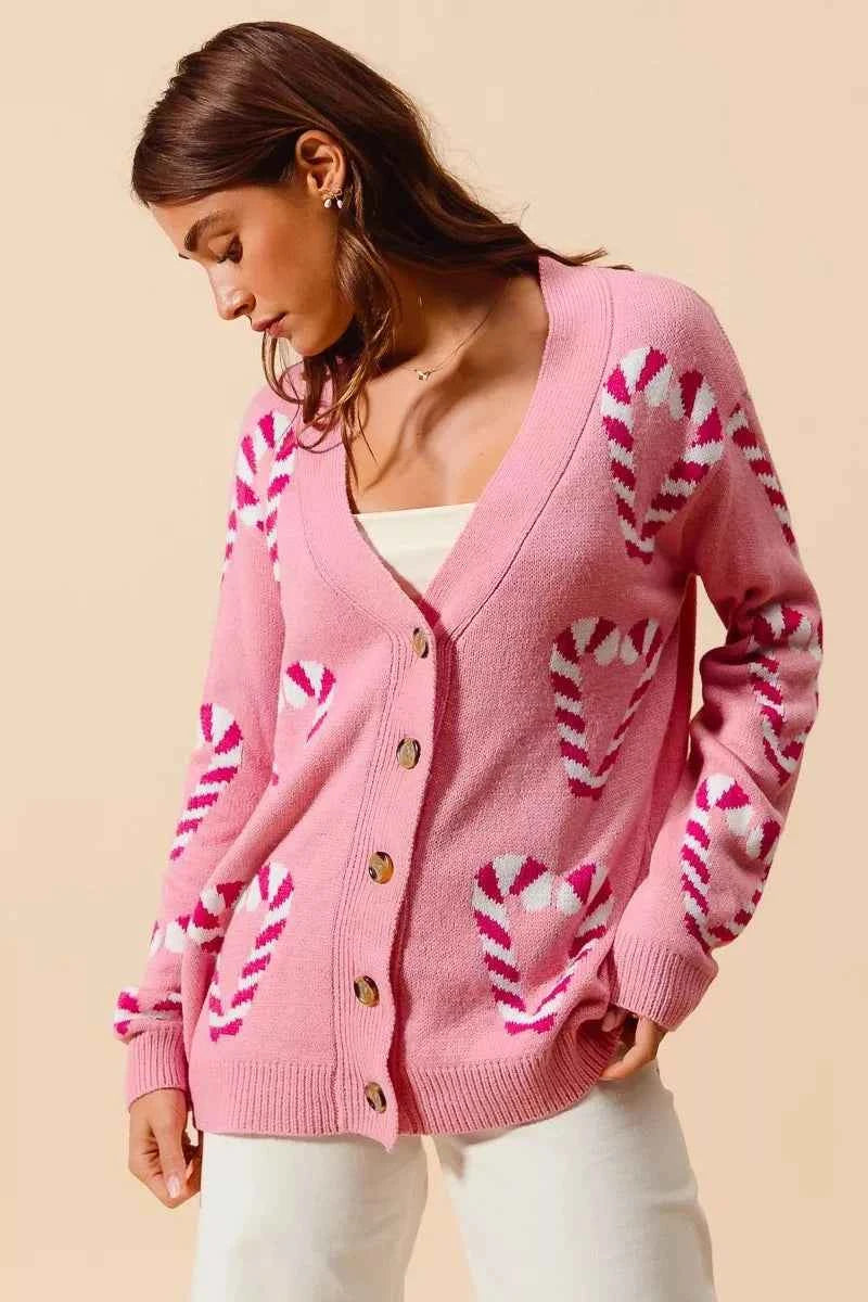 SO ME Christmas Candy Cane Button Front Sweater Cardigan