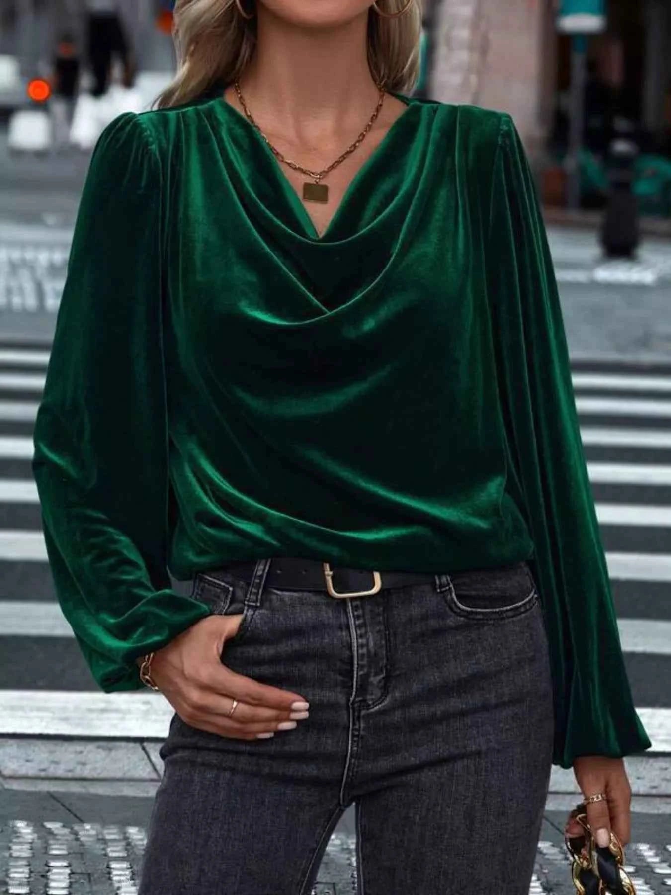 Velvet Cowl Neck Long Sleeve Blouse
