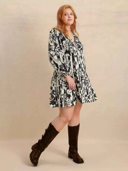 Plus Size Printed V-Neck Long Sleeve Mini Dress