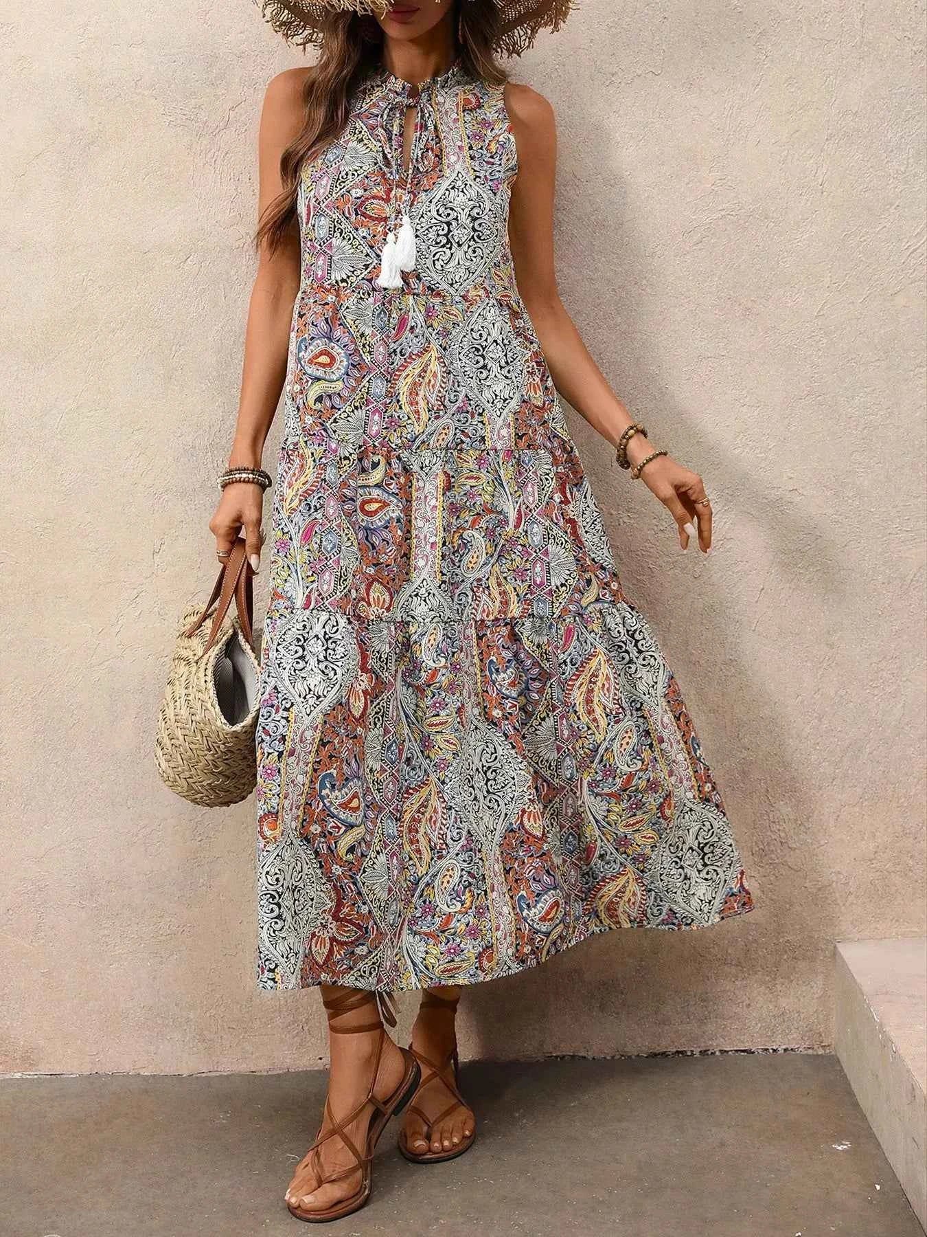 Paisley Print Tie Neck Sleeveless Midi Dress