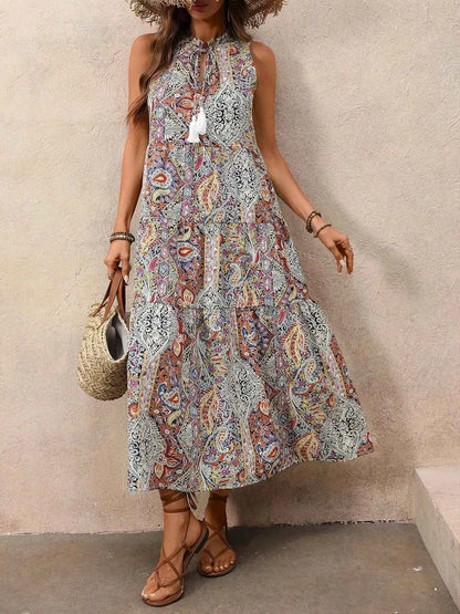 Paisley Print Tie Neck Sleeveless Midi Dress