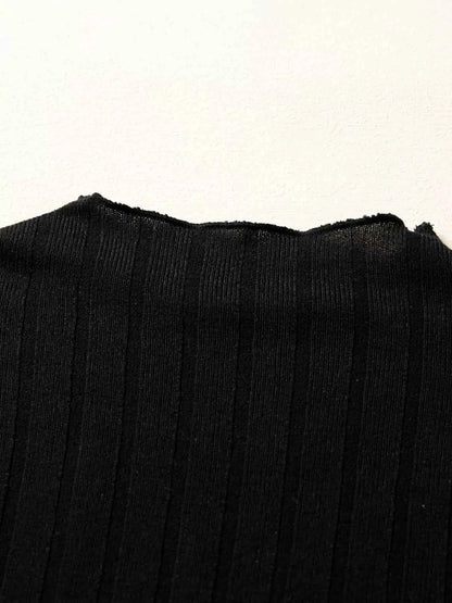 Frilled Neck Ribbed Knit Patchwork Long Sleeve Mini Dress