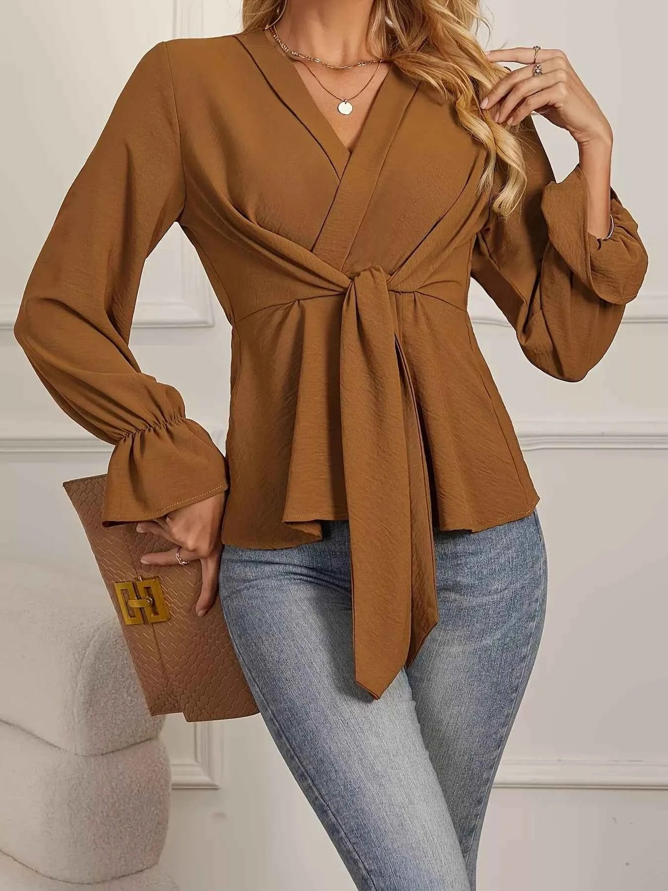 Knot Front Long Sleeve Blouse
