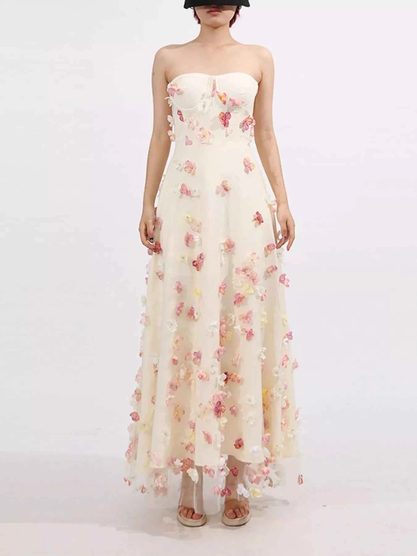 Floral Applique Strapless Tulle Maxi Dress