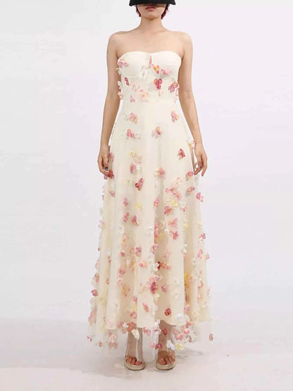 Floral Applique Strapless Tulle Maxi Dress
