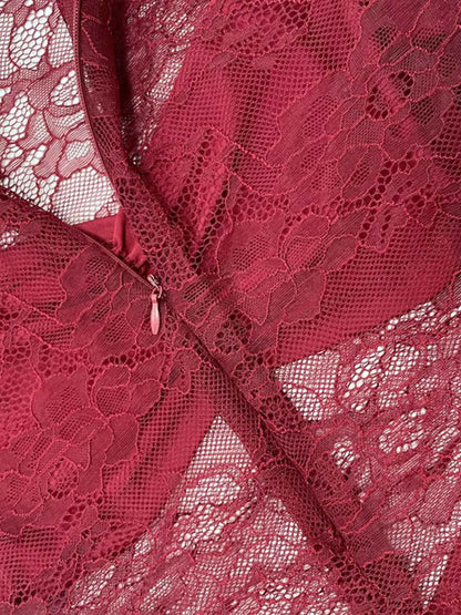 Lace Sheer Mock Neck Long Sleeve Maxi Dress