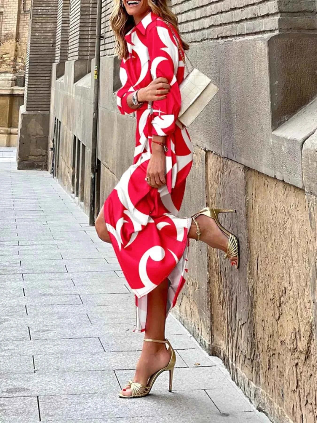 Printed Collared Neck Shirt Dress