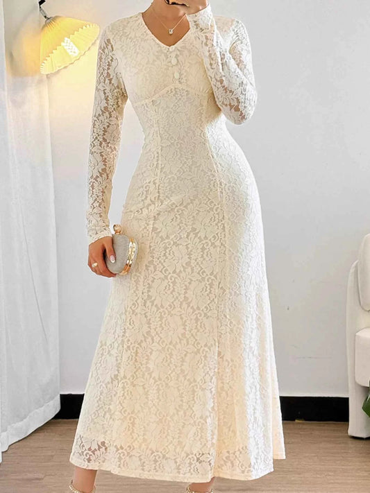 Lace V-Neck Long Sleeve Dress