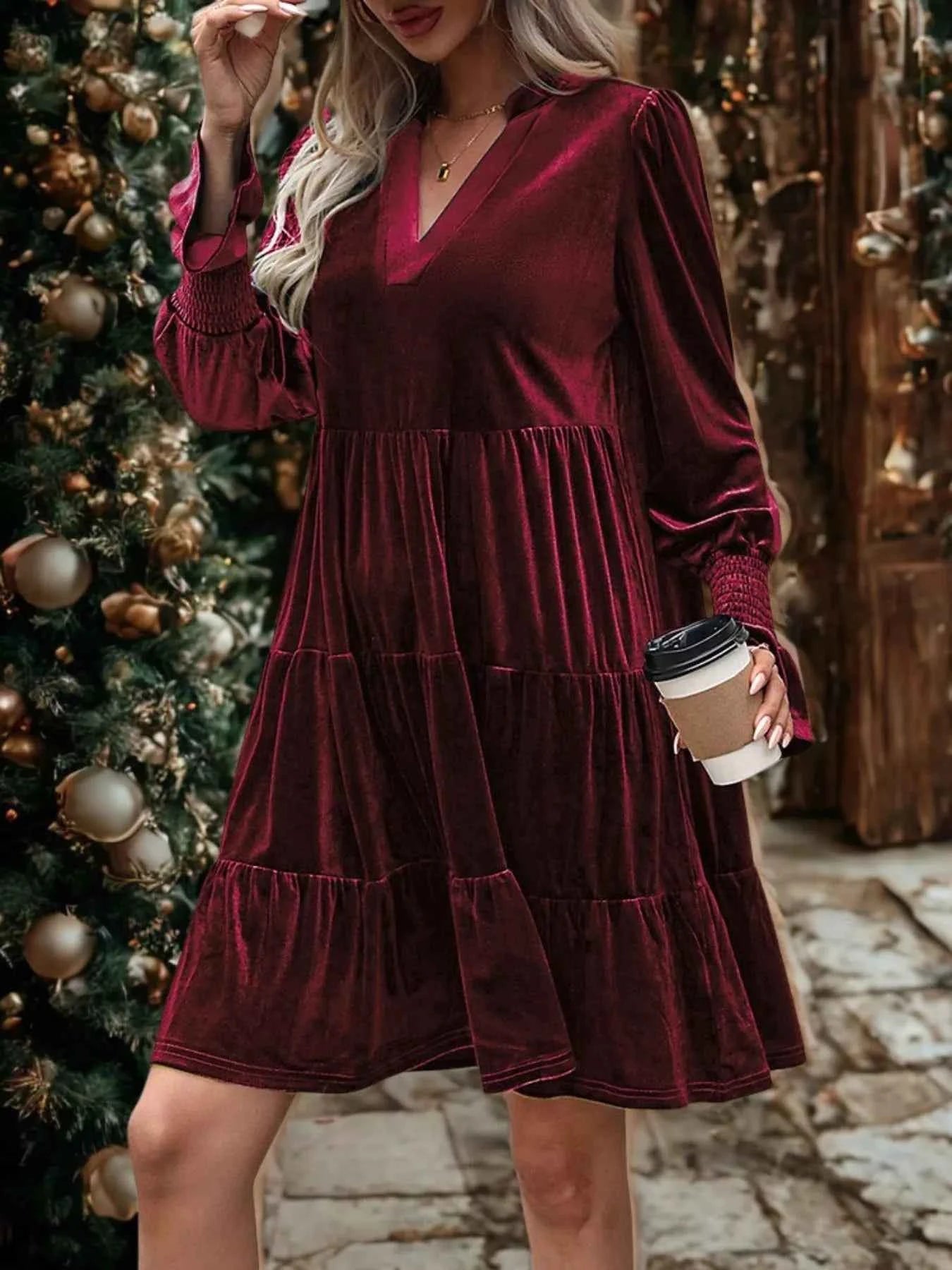 Velvet Tiered Notched Mini Dress