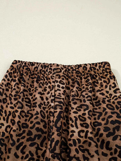 Leopard Print Contrast Trim Long Sleeve Top and Pants Set