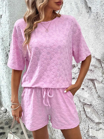 Flower Round Neck Top and Shorts Lounge Set