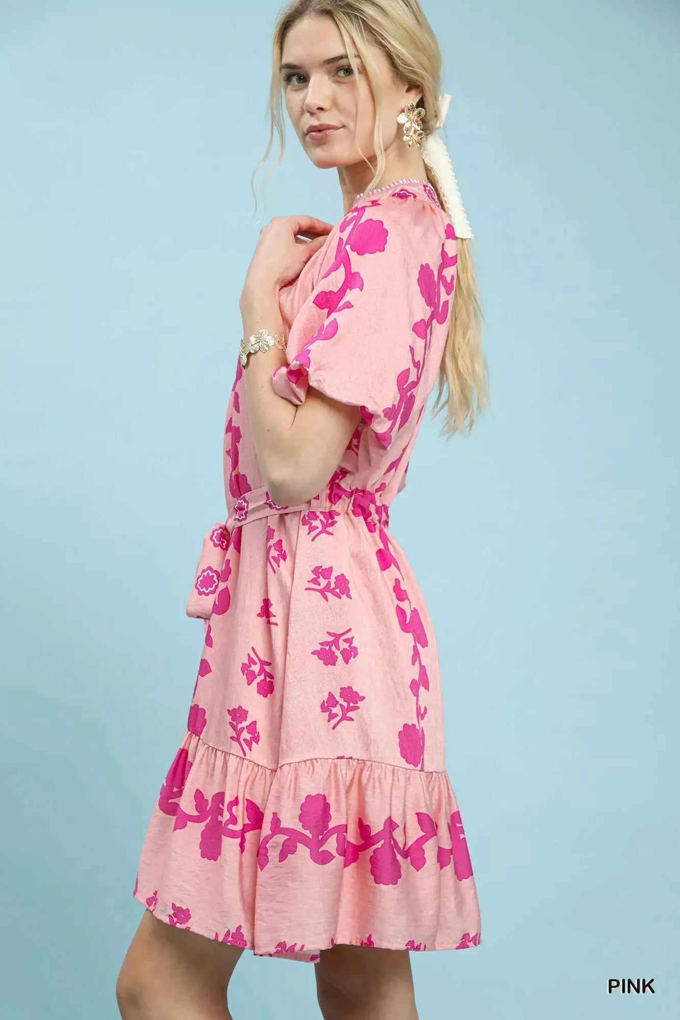 Umgee Floral Tie-Waist Boho Mini Dress