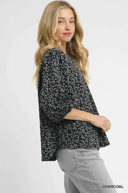 Umgee Leopard Print Jacquard Blouse with Puff Sleeves