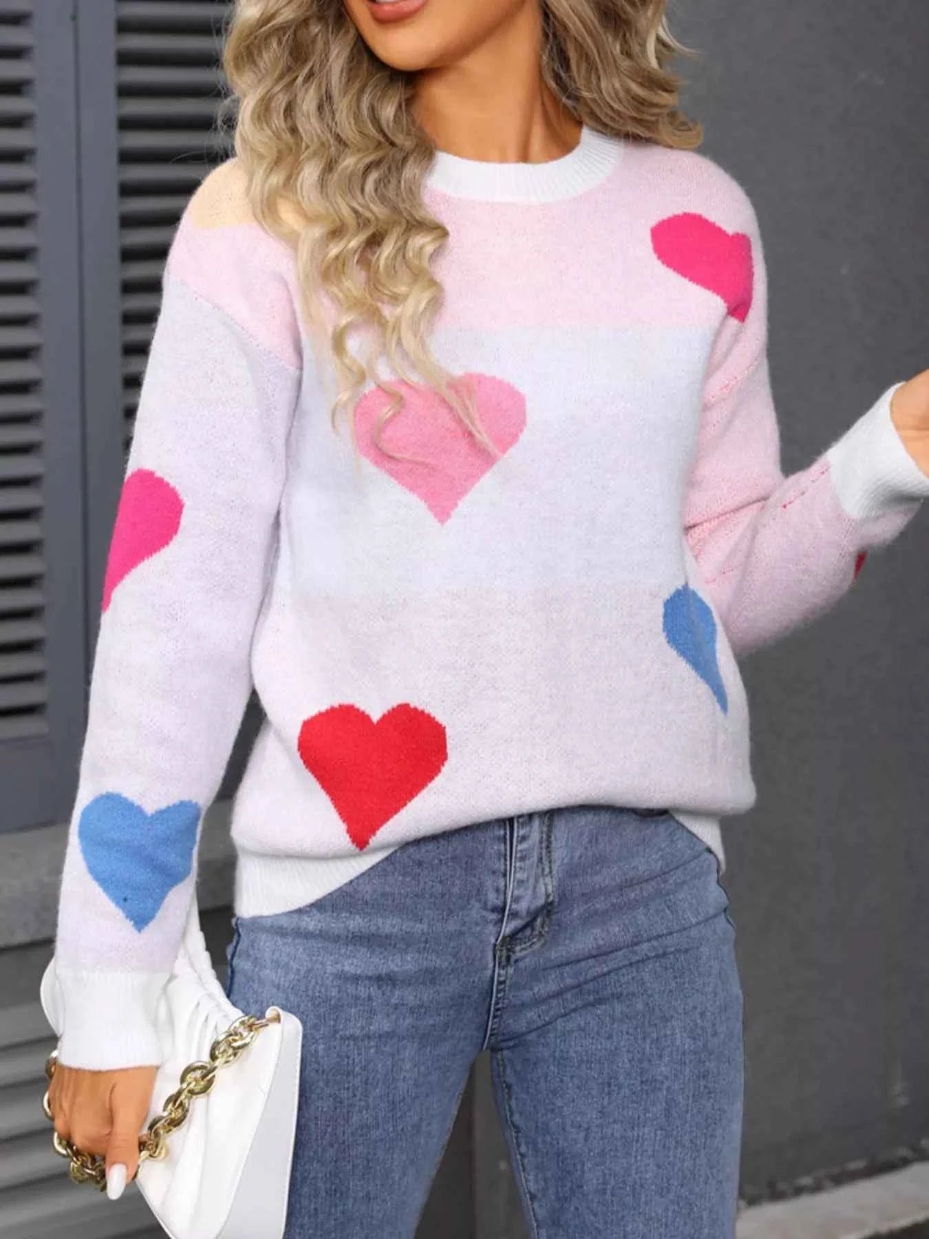 Valentine's Day Heart Round Neck Dropped Shoulder Sweater