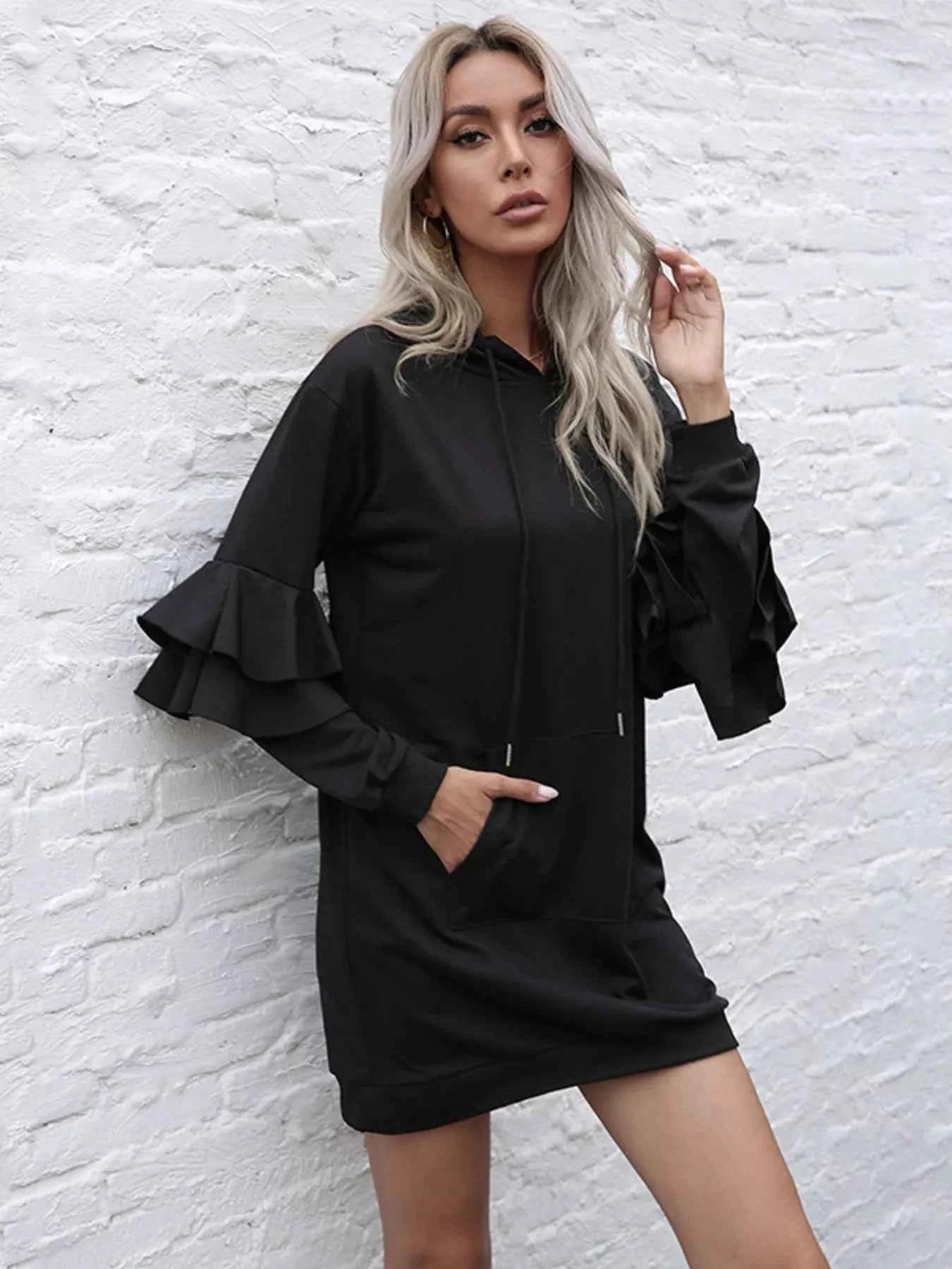 Ruffle Long Sleeve Hooded Mini Dress