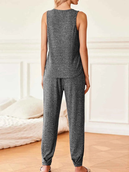 Ribbed Knit V-Neck Tank and Pants Lounge Set