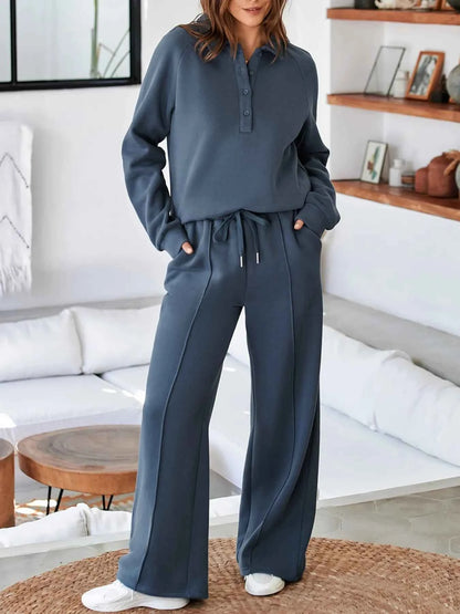 Collared Sweatshirt and High Waist Pants Active Set