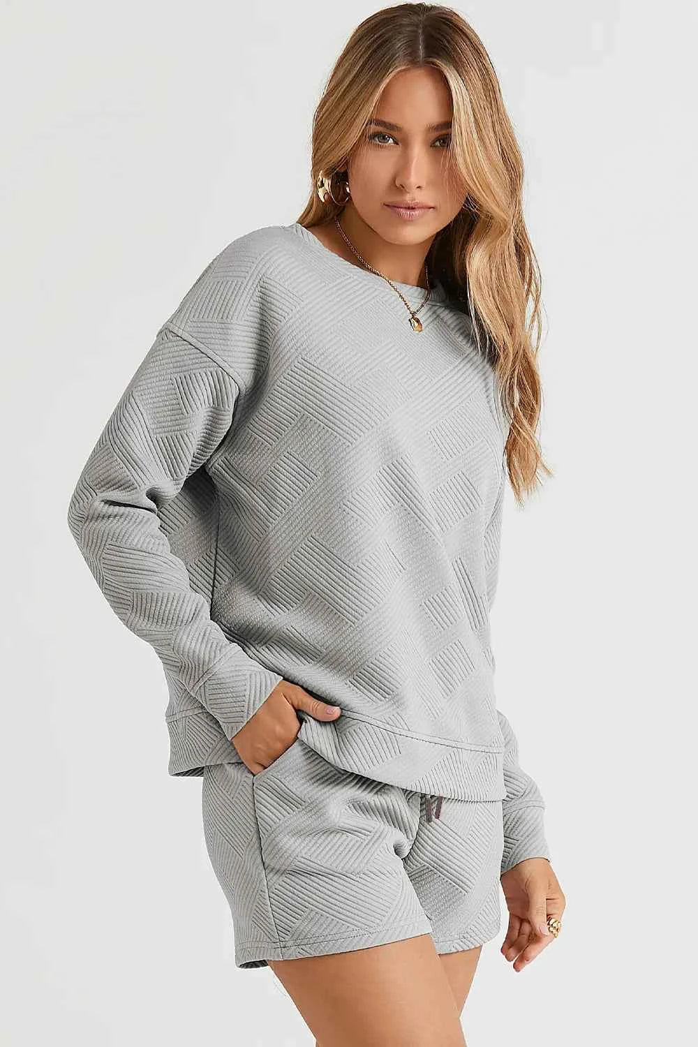 Double Take Full Size Texture Long Sleeve Top and Drawstring Shorts Set