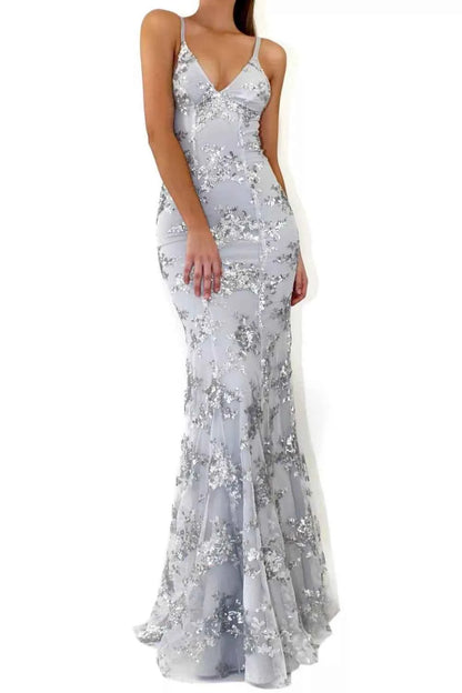 Full Size Sequin Tie Back V-Neck Maxi Dress Plus Size