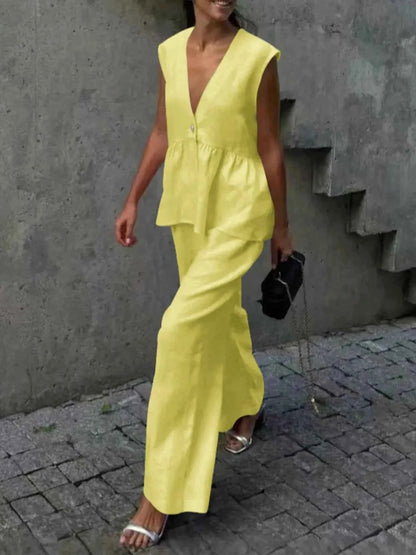 Button Down Peplum Vest and Pants Set