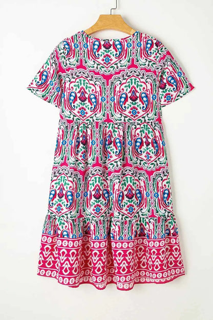 Printed Tie Neck Short Sleeve Dress