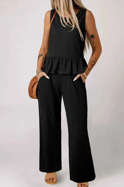 Color Ribbed Ruffle Tank Top and Pants Set