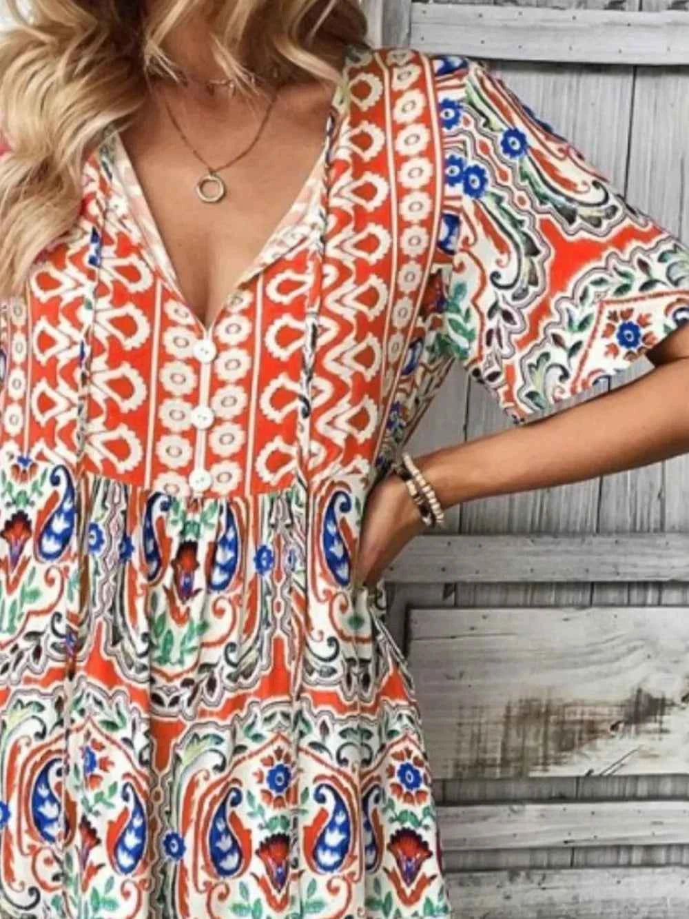 Printed Tie Neck Short Sleeve Dress