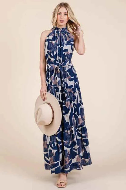Lime 'N' Chili Abstract Halter Neck Tie-Waist Tiered Maxi Dress