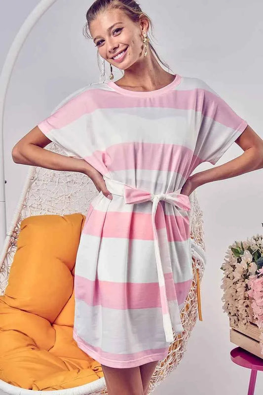 BiBi Tie Front Striped Short Sleeve Dress