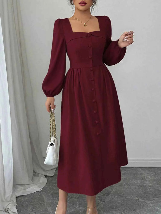 Square Neck Button-Front Midi Dress