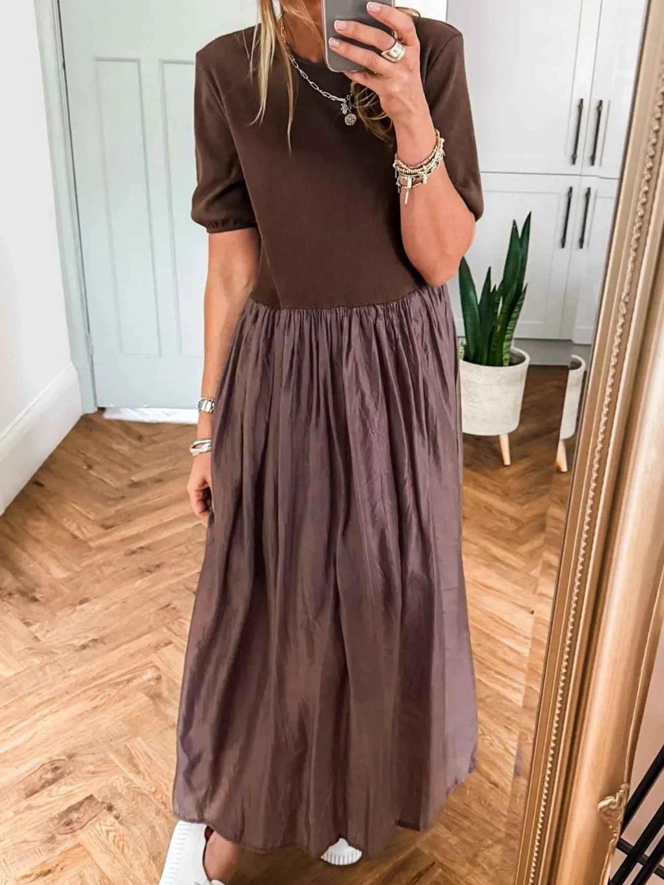 Short Sleeve Knit Top Patchwork Pleated Dress