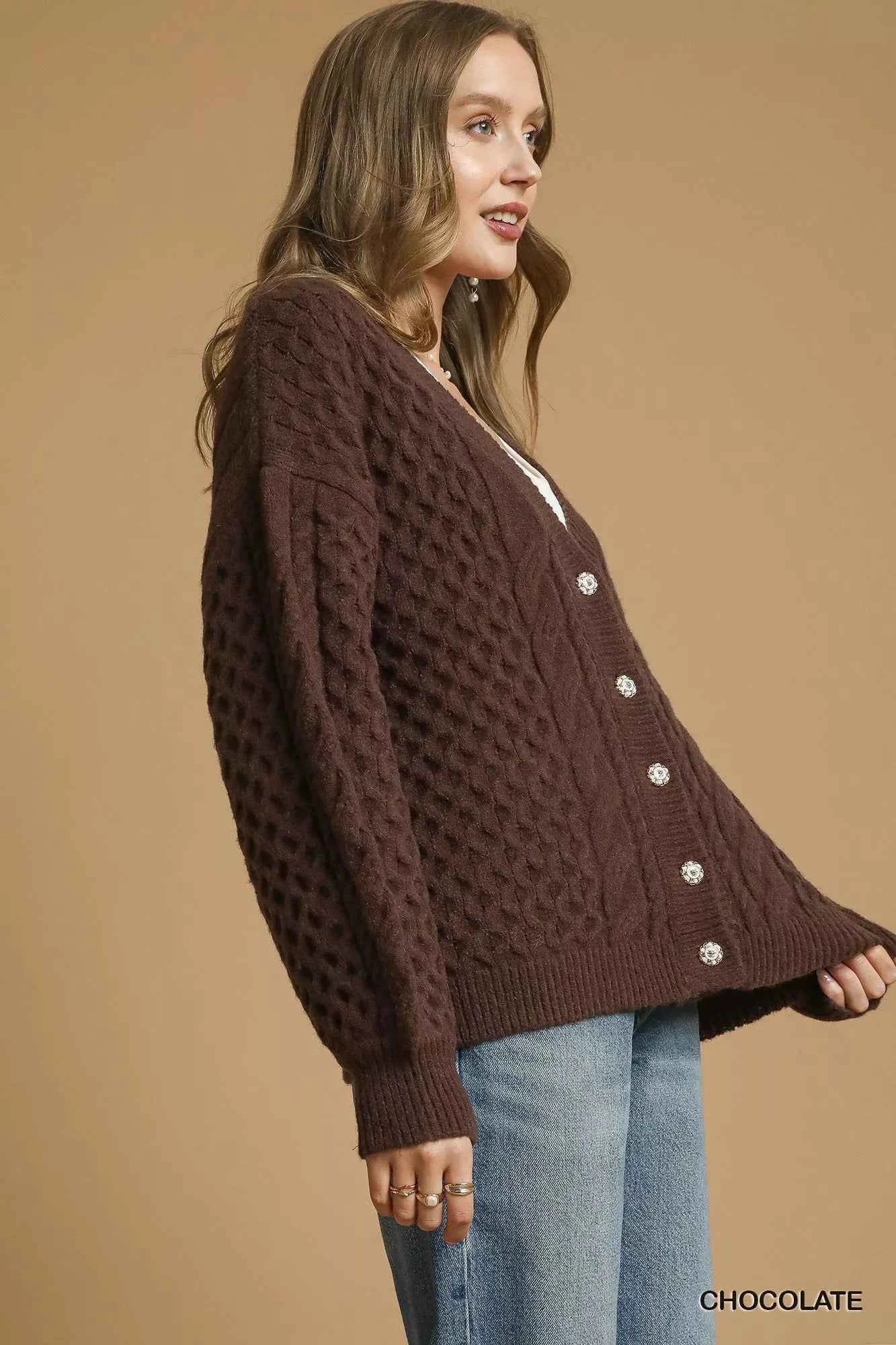 Umgee Cable Knit Pearl Button Cardigan
