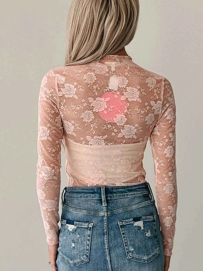 Lace Mock Neck Long Sleeve Blouse