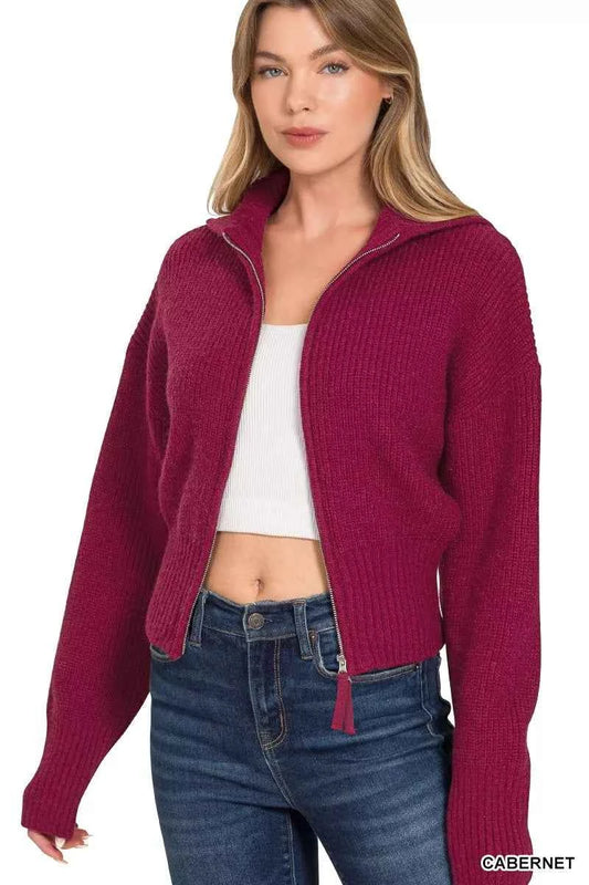 Zenana Ribbed Collared Zip Up Sweater Cardigan