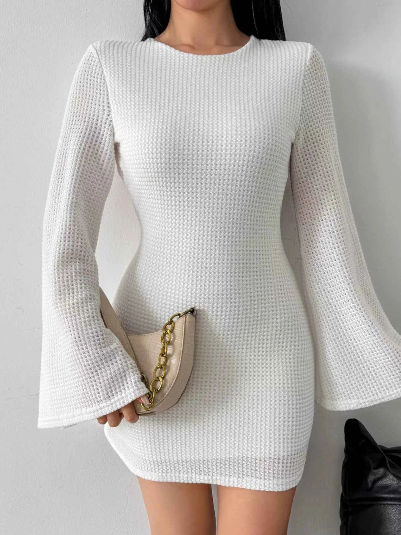 Backless Waffle Knit Flare Sleeve Mini Dress