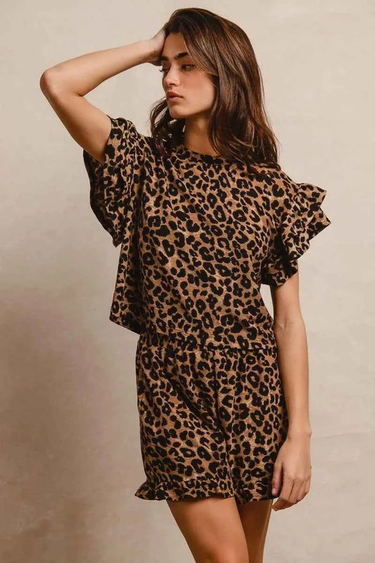 BiBi Leopard Print Waffle Texture Layered Ruffle Sleeve Top and Shorts Set
