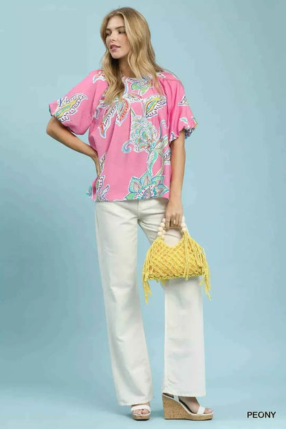 Umgee Paisley Print Puff Sleeve Top
