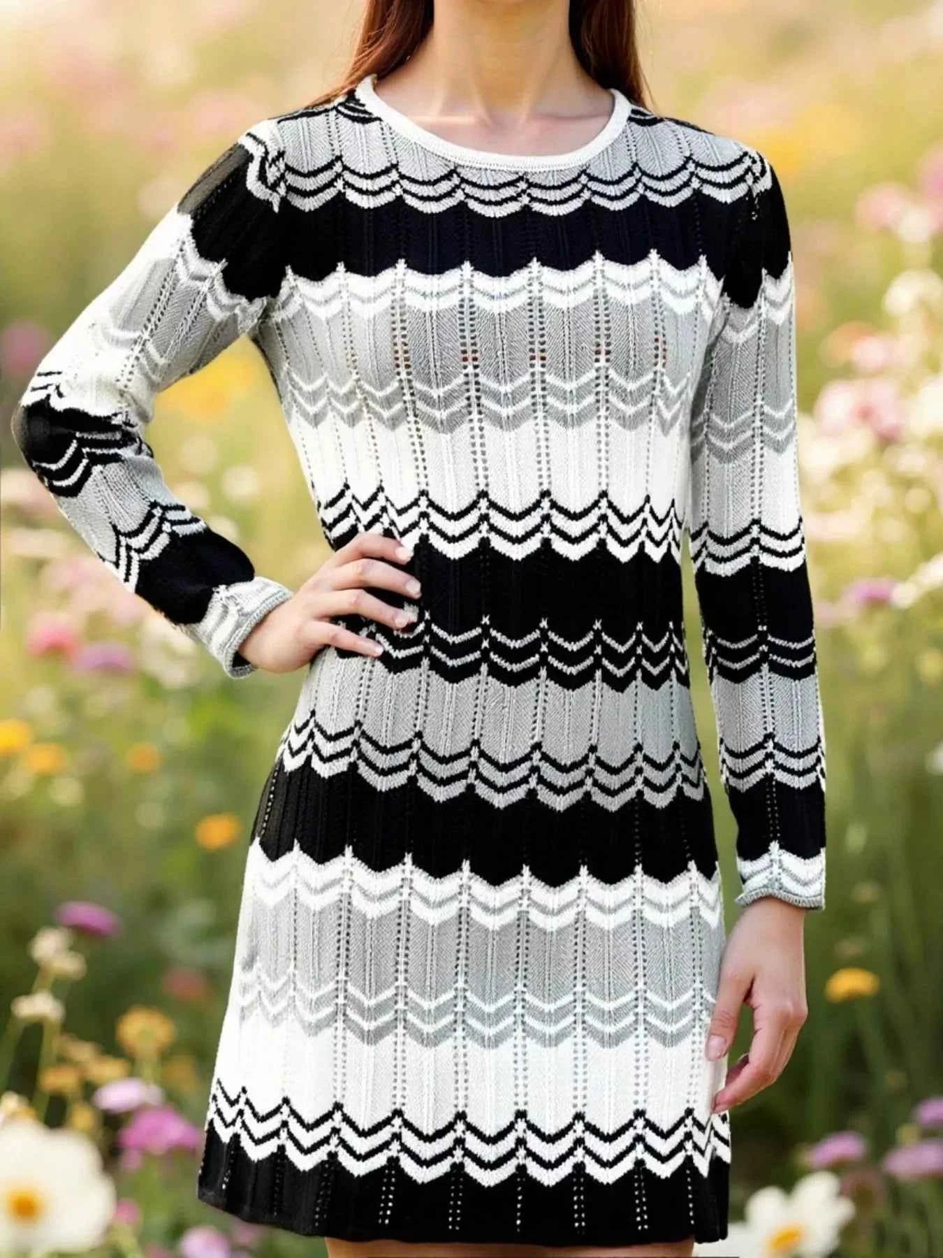 Openwork Wave Pattern Long Sleeve Sweater Dress