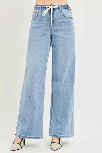 RISEN Elastic Band Slouchy Wide Jeans with Drawstring