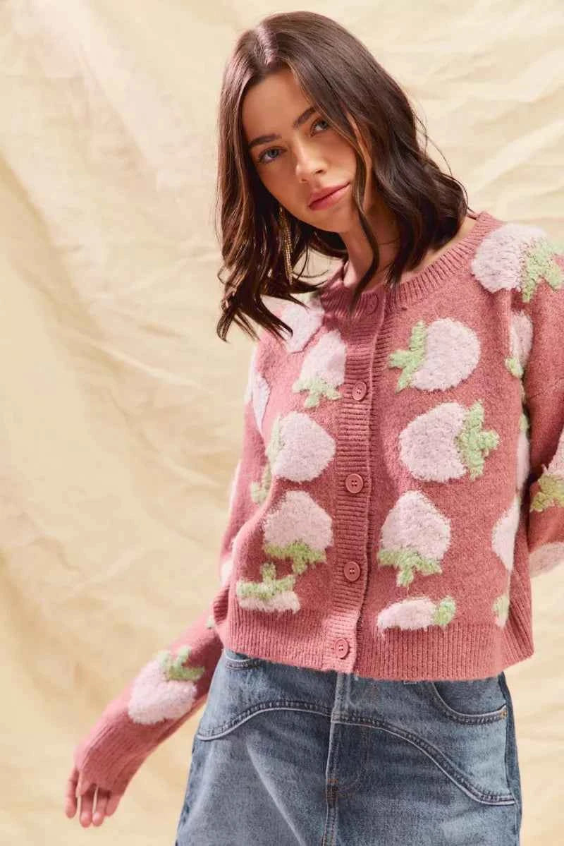 SO ME Strawberry Fruit All Over Button Sweater Cardigan