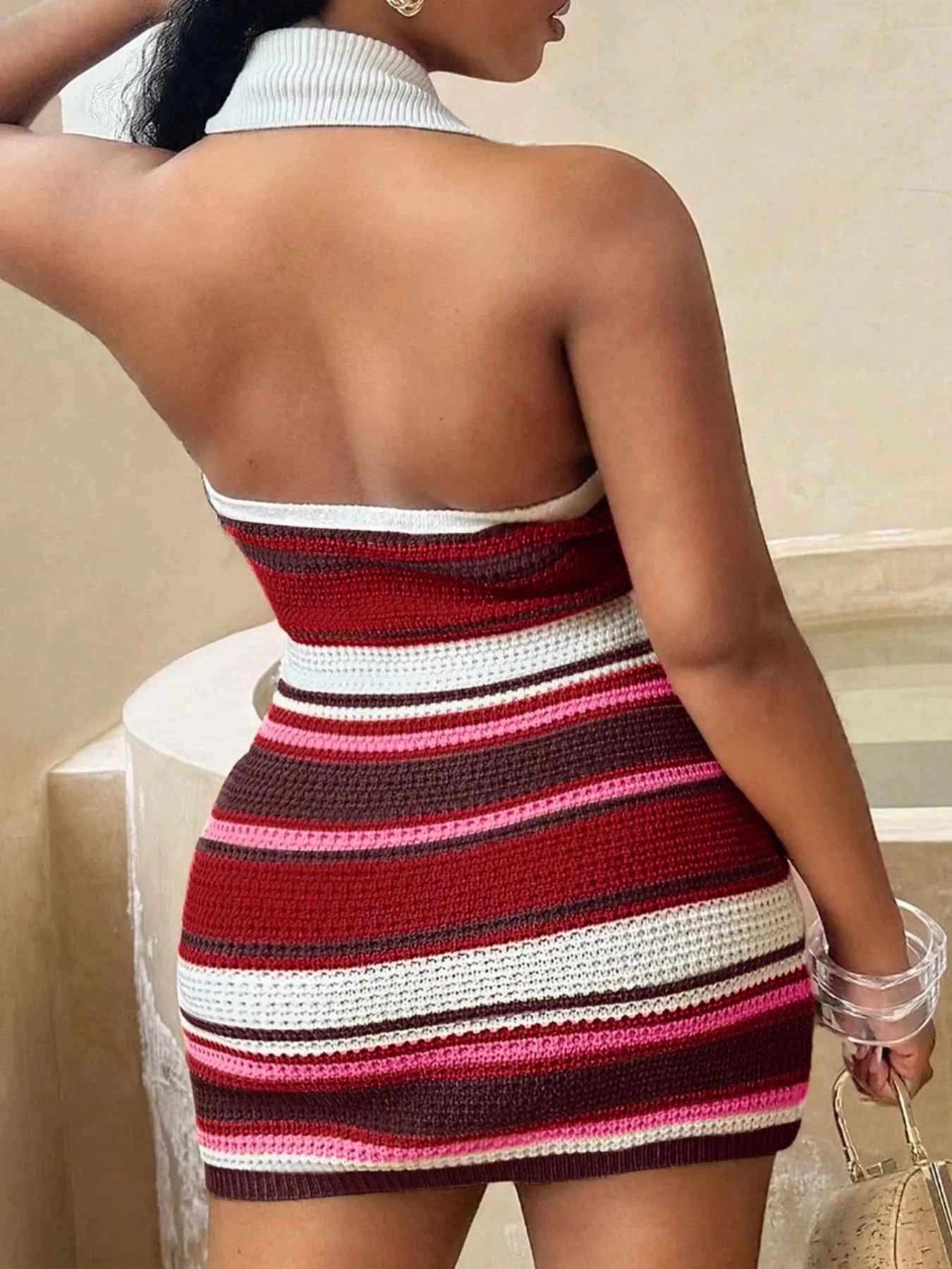 Striped Halter Neck Knit Mini Dress
