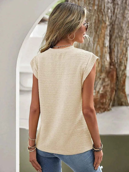 Textured Round Neck Cap Sleeve Top