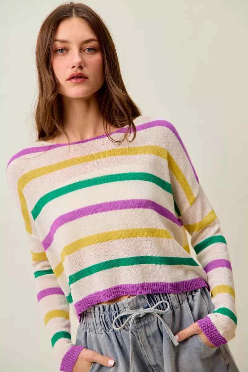 SO ME Mardi Gras Color Stripe Lightweight Sweater Top