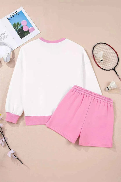 Color Block Sweatshirt and Elastic Waist Shorts Set